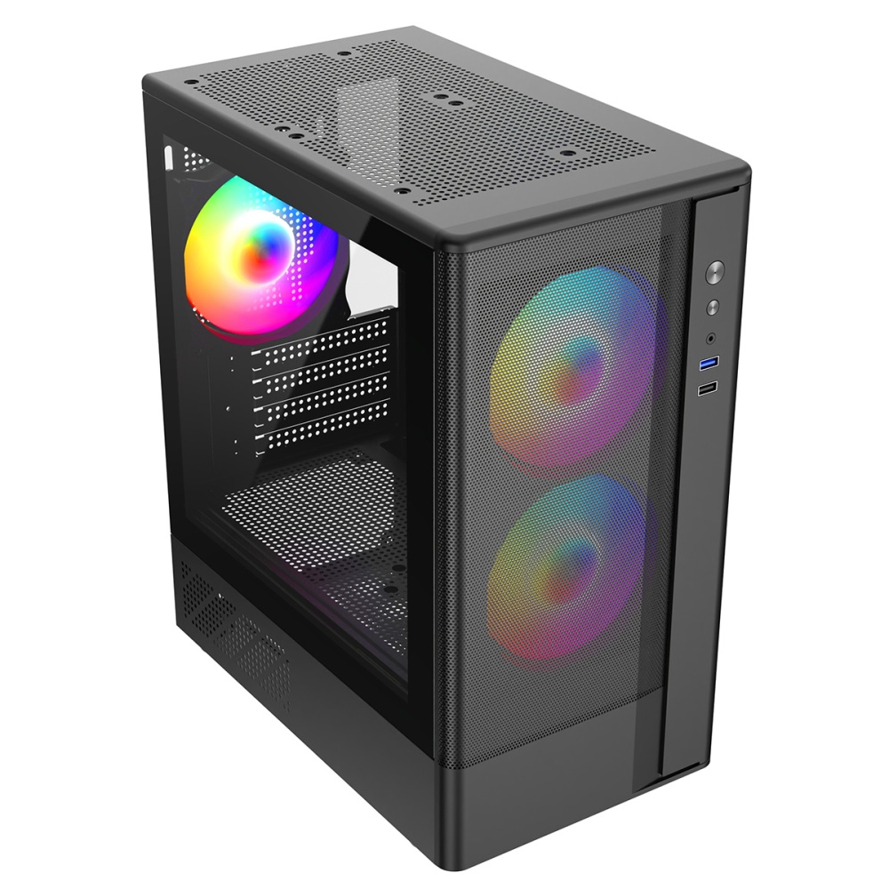 CiT F3M Black Micro-ATX Mesh PC Gaming Case with 3 x 120mm ARGB Fans ...